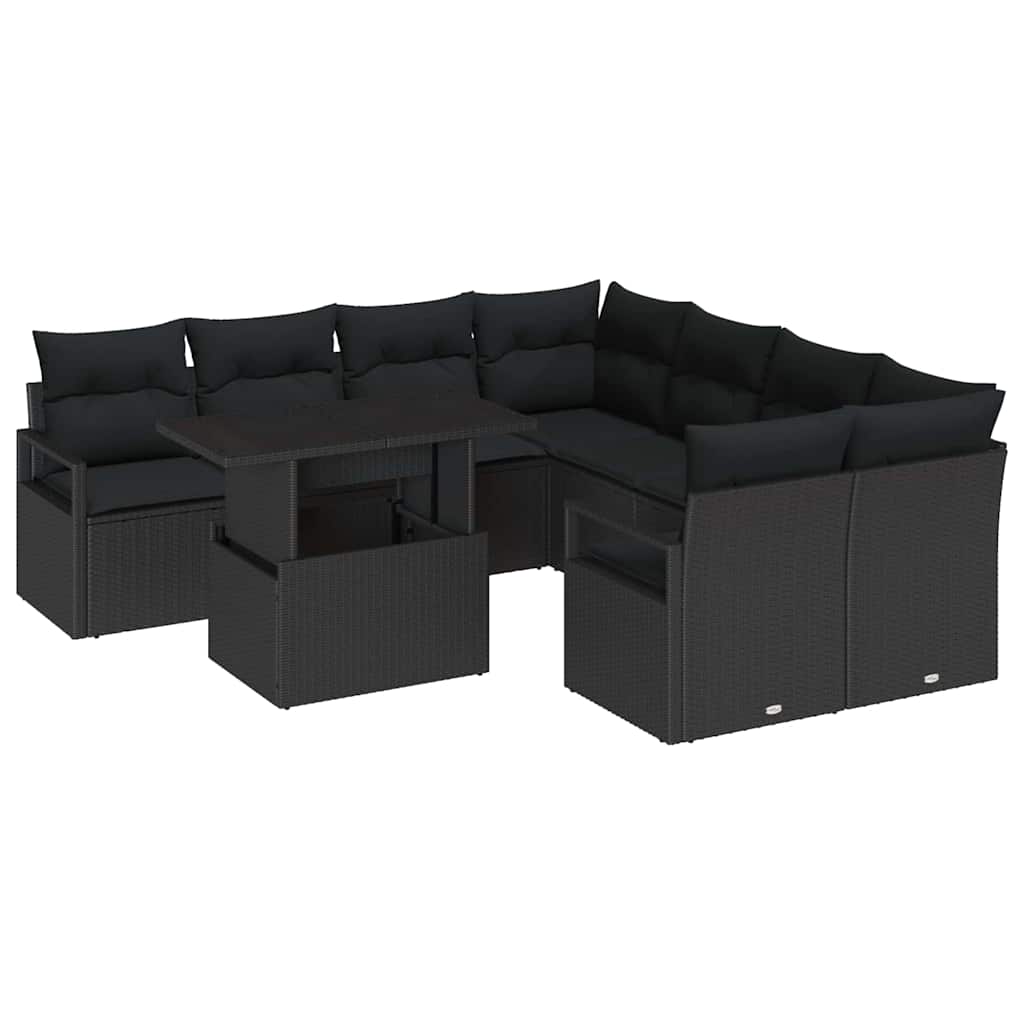 Garten-Sofa-Set mit Speicher 9 pcs Schwarz Poly Rattan
